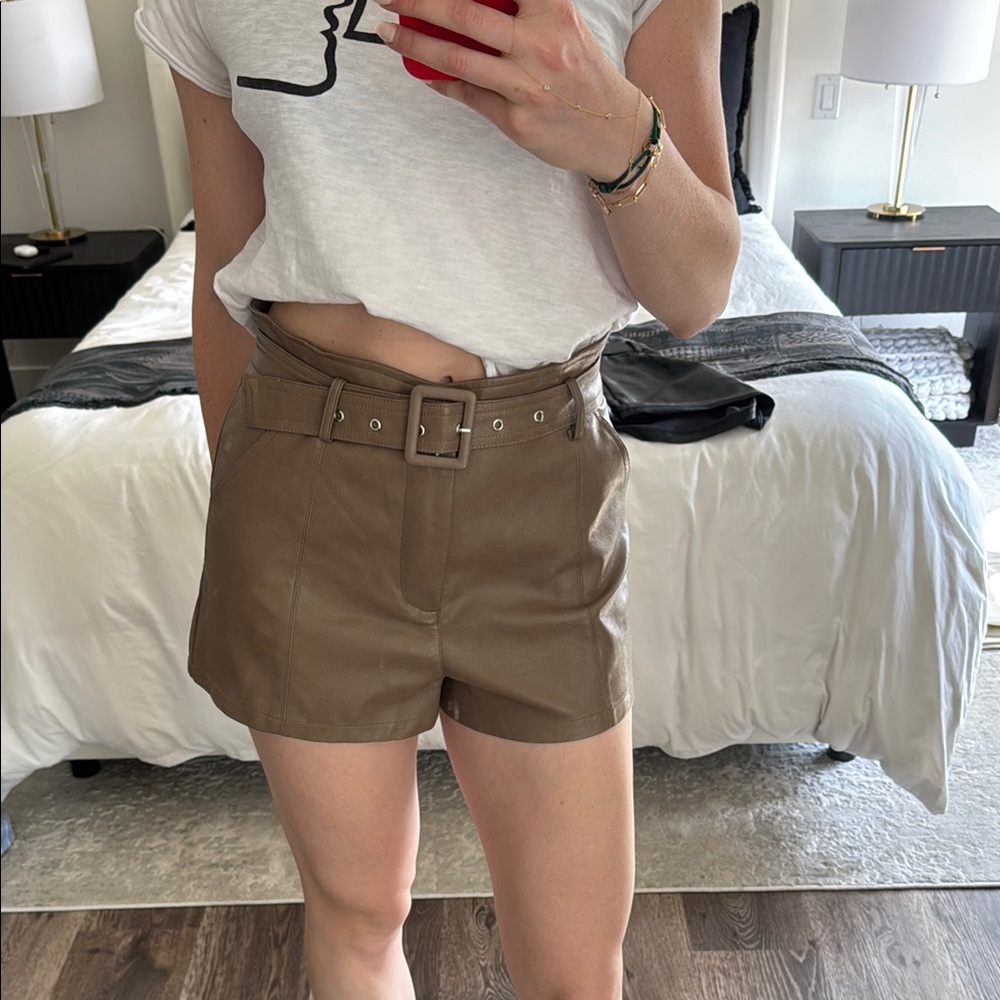 Women's Brown Leather Belted Shorts